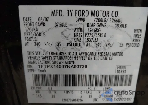 2007 Ford F-150 Fx4/Lariat/Xl/Xlt из США, поврежденный, VIN 1FTPX14547NA80728